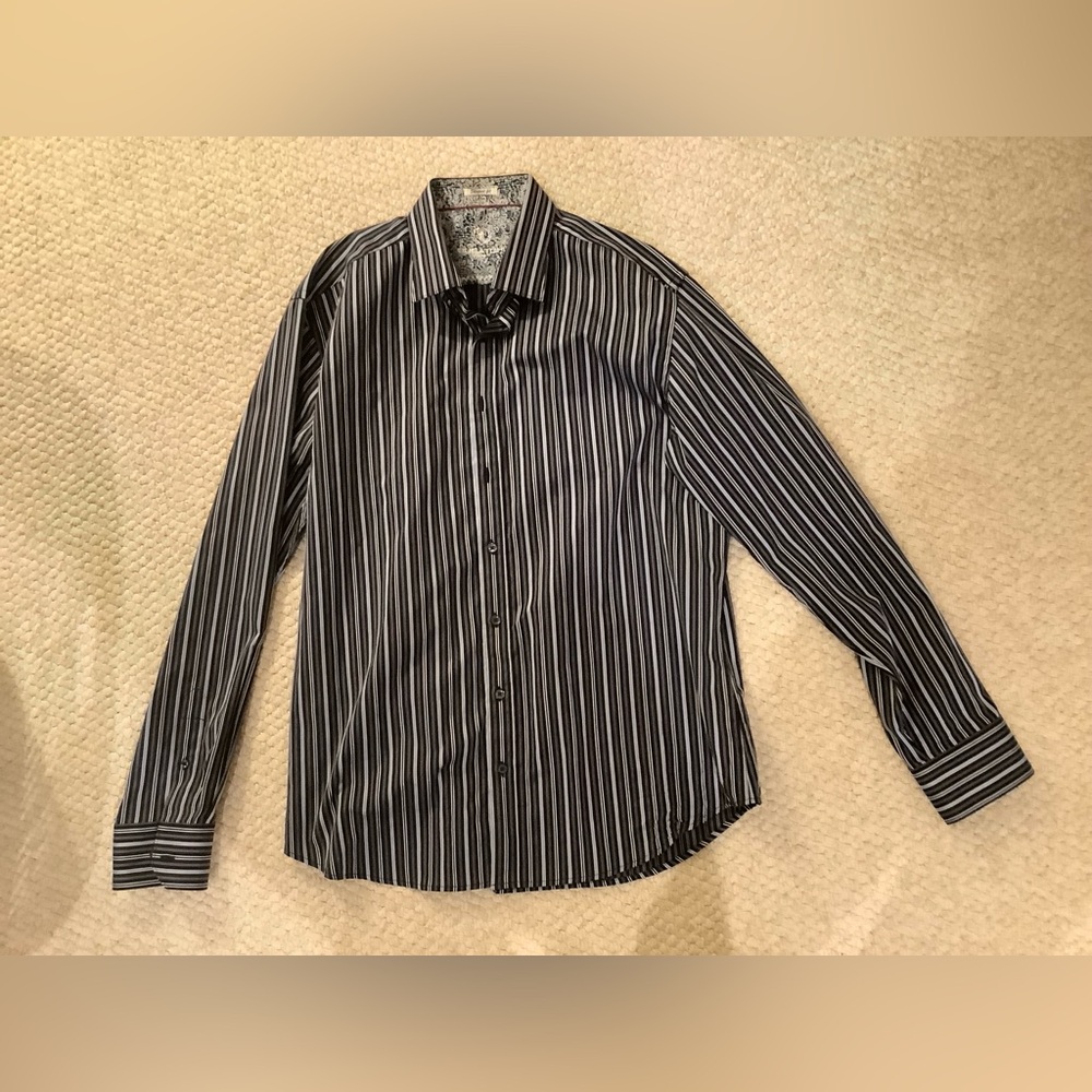 Bugatchi Blue Black and White Striped Button Down Shirt